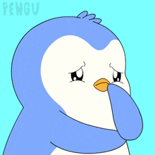 a penguin with a scarf around its neck and the word pengu on the bottom right