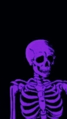 a purple skeleton with a black background is glowing in the dark .