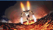 a man is flying through a volcano with flames coming out of his arms