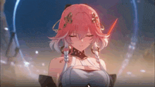 a girl with pink hair and braids is standing with her eyes closed in a video game .