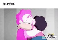 a cartoon character is hugging another character in a hug .