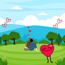 a cartoon illustration of a man and woman sitting in a field with a heart with arms and legs
