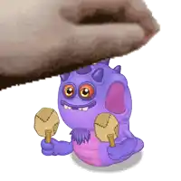 a purple monster is holding two maracas in front of a large rock