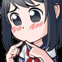 a cartoon of a girl with a red bow on her school uniform