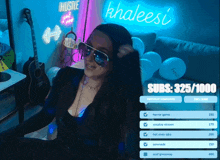 a woman wearing sunglasses and a neon sign that says khaleesi