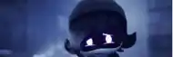 a close up of a person wearing a mask with purple eyes .