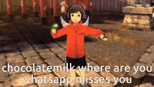 a girl in a red jacket is standing on a brick sidewalk with the words chocolatemilk where are you whatsapp misses you