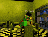 a video game character is sitting at a table with the name arc puppet written on the wall behind him
