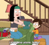 a cartoon of a woman holding a pillow with the words " leave me alone baby "