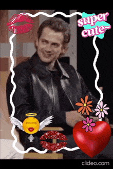 a picture of a man in a leather jacket with super cute written on the top