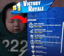 a picture of a baby next to a victory royale advertisement