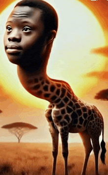 a giraffe with a very long neck and a man 's face on it