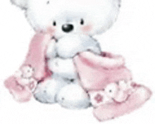 a white teddy bear is wearing a pink scarf and a pink hat .