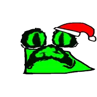 a green cartoon character with a mustache and a santa hat on .