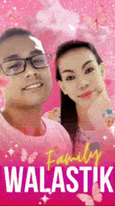 a man and a woman are posing for a picture with the words family walastik
