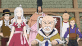 a group of cartoon characters are standing around a man in a chair