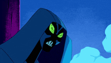a cartoon character with green eyes and a hood on