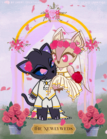 a cartoon of a bride and groom with a sign that says the newlyweds on it