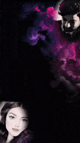 a black and white photo of a man and a woman with purple smoke behind them
