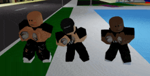 three roblox characters standing next to each other with one wearing a black hat that says brooklyn