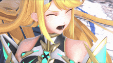 a close up of a video game character with a surprised expression on her face