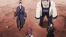 a group of anime characters are standing on a dirt ground