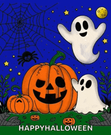 a happy halloween greeting card with pumpkins , ghosts , spiders , and a spider web .