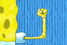spongebob squarepants is holding a roll of toilet paper in his fist .