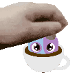 a hand is reaching into a cup of coffee with a cartoon face in it .
