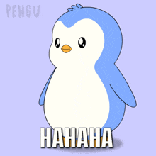 a cartoon penguin is laughing and pointing with the words " hahaha " written below it
