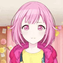 a girl with pink hair and a yellow shirt is wearing a pink jacket .