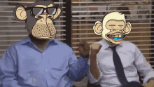 a man with a monkey mask on his face is sitting next to another man with a monkey mask on his face