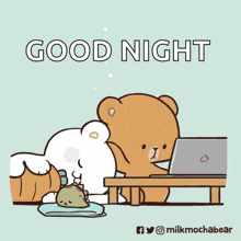 a cartoon of a teddy bear sitting at a desk with a laptop and the words good night