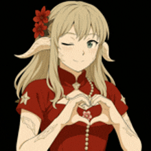 a blonde anime girl in a red dress making a heart shape with her hands
