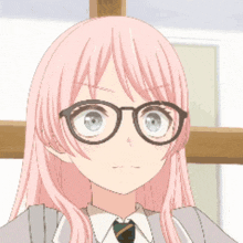 a girl with pink hair and glasses is covering her face with her hands