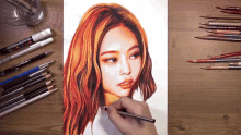 a person is drawing a woman 's face with colored pencils on a table