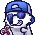a cartoon cat wearing sunglasses and a blue hat .