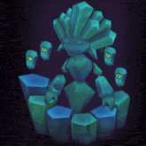 a cartoon character with yellow eyes is sitting on a pile of rocks