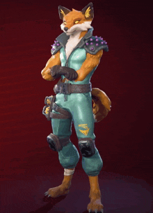 a fox wearing a blue jumpsuit with spikes on his shoulders