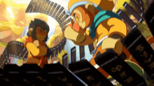 a cartoon of two monkeys standing next to each other on a fence