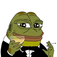 a frog in a tuxedo is holding a glass of wine and a cigarette