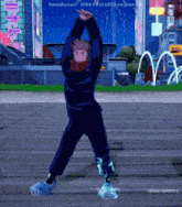 a cartoon character is dancing in front of a sign that says renorivsan on it