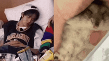 a man is sleeping in a bed next to a picture of a cat laying on a bed .
