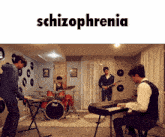 the band schizophrenia is playing in a room with records on the wall