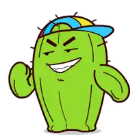 a cartoon cactus is wearing a baseball cap and making a funny face