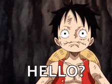 monkey d luffy from one piece says hello with a surprised look on his face
