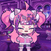 a cartoon drawing of a girl with pink hair and a sticker on her head that says xoxo