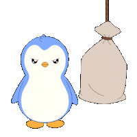a blue and white penguin is holding a large bag of sand