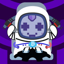 a cartoon drawing of an astronaut wearing a white helmet with a blue b on it