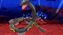 a black and yellow snake with a yellow tongue is standing on a red surface .